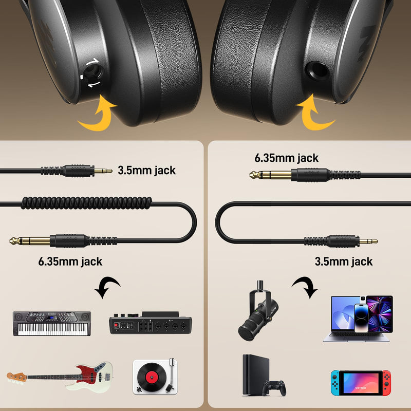MAONO MH700 Wired Studio Headphone for Podcast Recording DJ Mixing Monitor | Professional Close Back Over Ear Stereo Headset w/ 50mm Driver & 3.5mm to 6.35mm Jack for Computer Guitar AMP Piano Keyboard Black