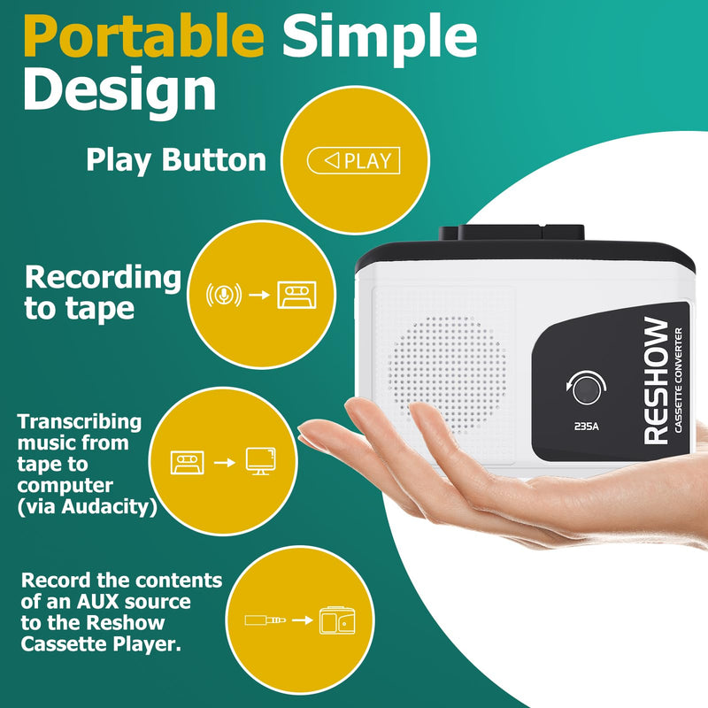 Reshow Portable Cassette Player with Built-in Speaker and Headphone Jack, USB C Cassette to MP3 Converter, Reverse Recording to Tape, Walkman Cassette Recorder, Full Stereo Sound-White White