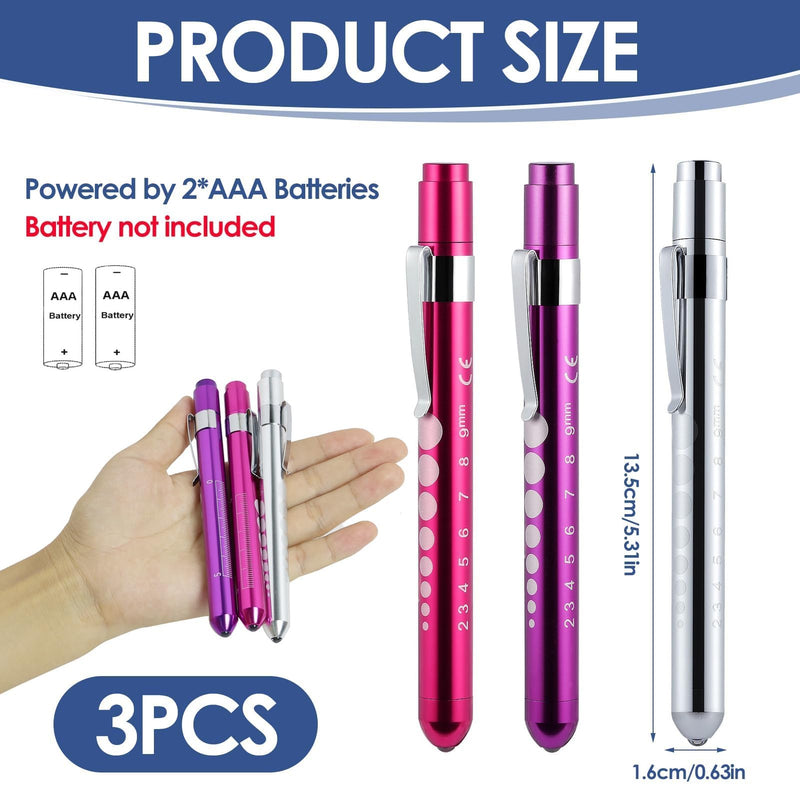 Set of 3 Pupil Light in Purple, Pink, Silver, LED Torch Eye Light, Portable Light Pen with Pocket Clip, Ruler, Pupil Meter, Pupil Light, Care Accessories