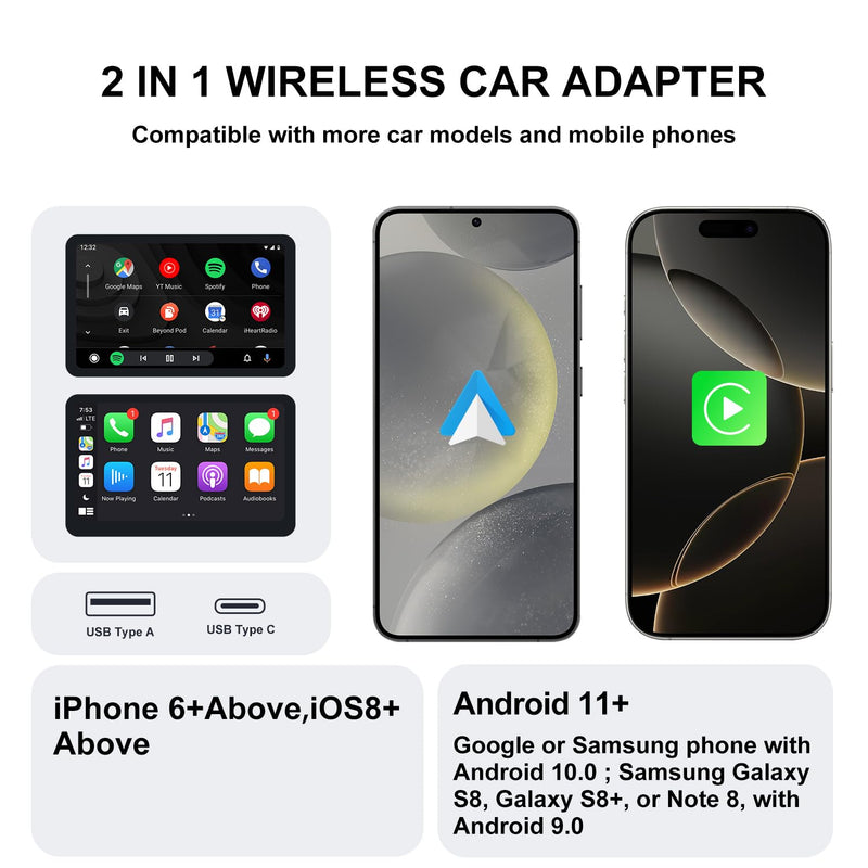 Wireless CarPlay & Android Auto Adapter – 2-in-1 Plug & Play Solution, Converts Wired Systems to Wireless, Compatible with iPhone & Android