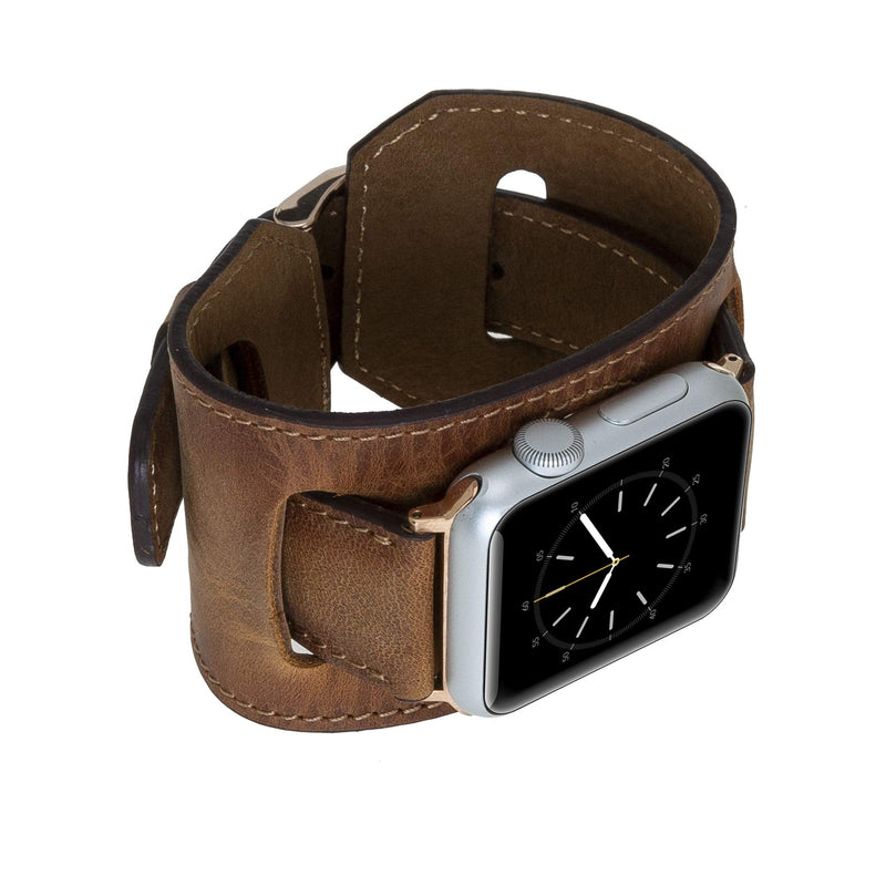 Venito Ancona Cuff Handmade Premium Leather Watch Band for Apple Watch iwatch Series 1,2,3,4,5,6,7,8,9,10,11 and SE 1,2,3 (45/44/42/41/40/38mm), (Antique Brown w/Rose Gold Connector&Clasp)