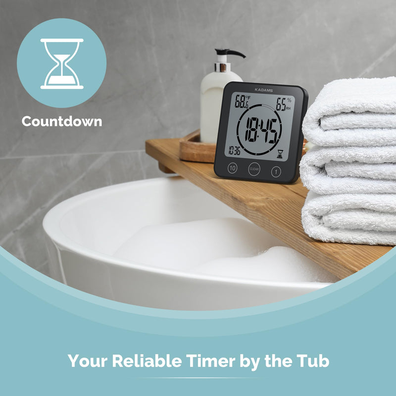 [AUSTRALIA] - KADAMS Shower Clock Waterproof Bathroom Timer – Digital Wall Clock with Countdown, Magnetic Kitchen Clock with Temperature & Humidity, Suction Cup for Kids Shower Spa Cook Bath (Black) Black 