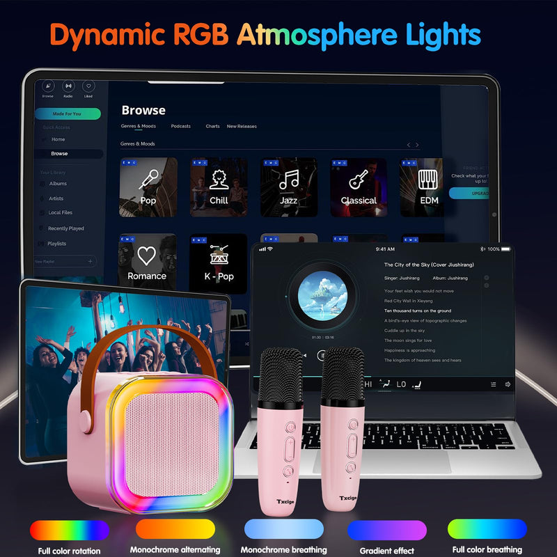[AUSTRALIA] - Txcige Mini Karaoke Machine for Kids Adults, Portable Bluetooth Karaoke Speaker with 2 Wireless Microphones & Colorful Lights, Karaoke Machine for Girls Boys Birthday Christmas (Pink) Pink 
