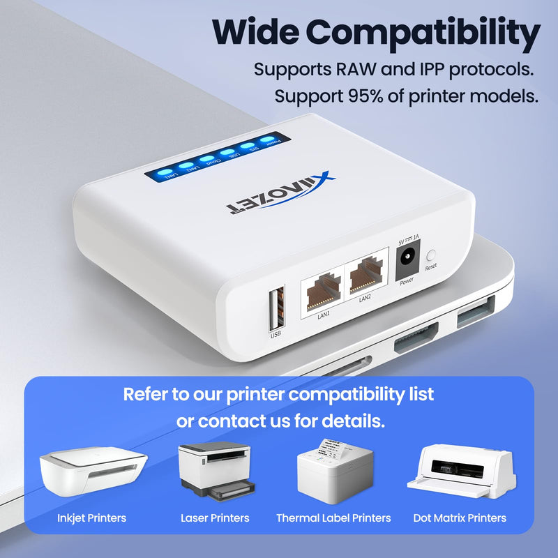 LK100W Wireless Print Server, USB 2.0 Printer Sharing | Convert USB printers to network printers via Ethernet or WiFi; share one printer with multiple computers 1 USB Port