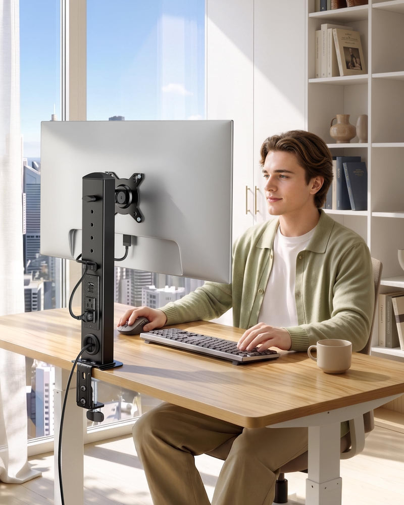 monTEK Powered Single Monitor Stand for 17-32", Clamp/Grommet | Heavy-duty monitor desk mount, integrated power outlet, adjustable arm and clamp/grommet mounting options