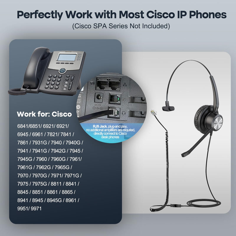 [AUSTRALIA] - MKJ Cisco Phone Headset Corded RJ9 Telephone Headset with Noise Cancelling Microphone for Cisco CP-7821 7841 7942G 7931G 7940 7941G 7945G 7960 7961G 7962G 7965G 7975G 8811 8841 8861 9951 9971 