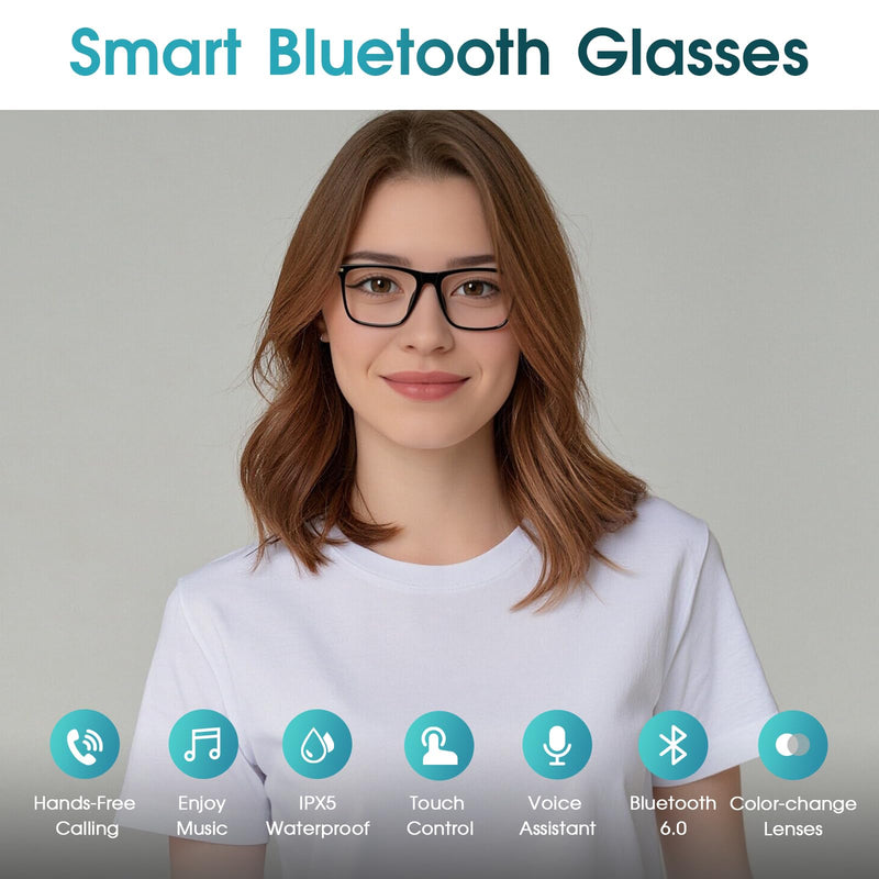 Bluetooth Audio Smart Glasses for Women & Men, Bluetooth Glasses with Color-Change Lens, Open Ear Speakers, IPX5 Waterproof, Smart Audio Glasses for iPhone Android Music/Calls (Brown) Brown