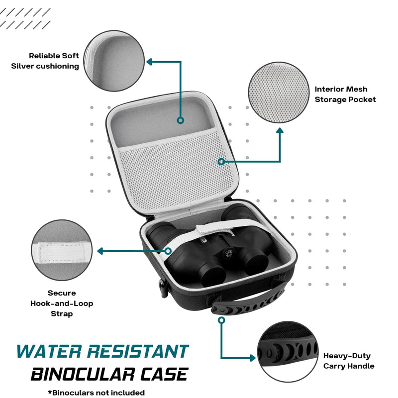 Binocular Case with Heavy-Duty Water-Resistant Hard EVA Cover (7x7x2.5”) Carry Handle, and Carrying Strap for Hiking, Hunting, Backpacking, Outdoor Travel, Rugged and Compact Cover