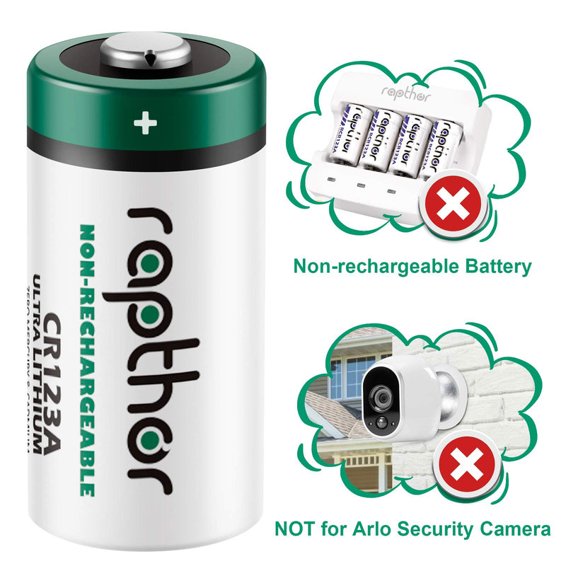 rapthor CR123A 3V Lithium Battery 1650mAh 20 Pack High Power CR123 123A 123 CR17345 Photo Batteries PTC Protected for Cameras Flashlight Alarm Smart Sensors (Non-Rechargeable, Not for Arlo)