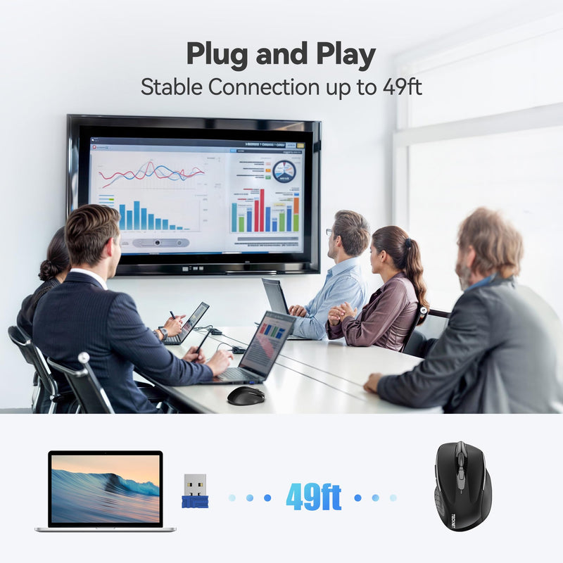 [AUSTRALIA] - TECKNET Wireless Mouse, 2.4G Ergonomic Optical Mouse, Computer Mouse for Laptop, PC, Computer, Chromebook, Notebook, 6 Buttons, 24 Months Battery Life, 2600 DPI, 5 Adjustment Levels Black 