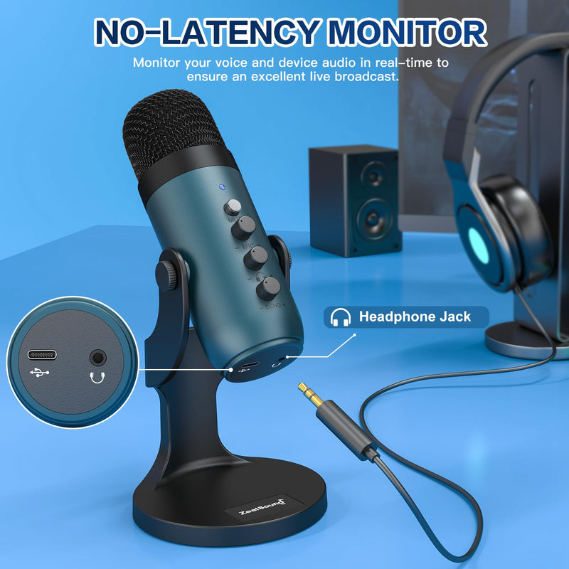 ZealSound USB Condenser Microphone,Computer PC Gaming Mic,Plug&Play Microphones for PS 4&5.Monitor Adjust&Volume Control,Mic Gain Control,Mute Button for TikTok,YouTube Podcast on Mac&Windows(Teal) Teal