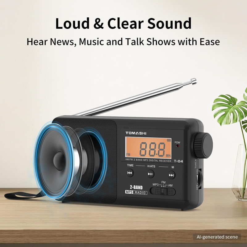 TOMASHI Portable AM FM Radio, USB-C Rechargeable Auto Scan Radio | Large tuning knob, clock display and Micro SD MP3 player. Speaker and headphone jack for home and outdoor use.