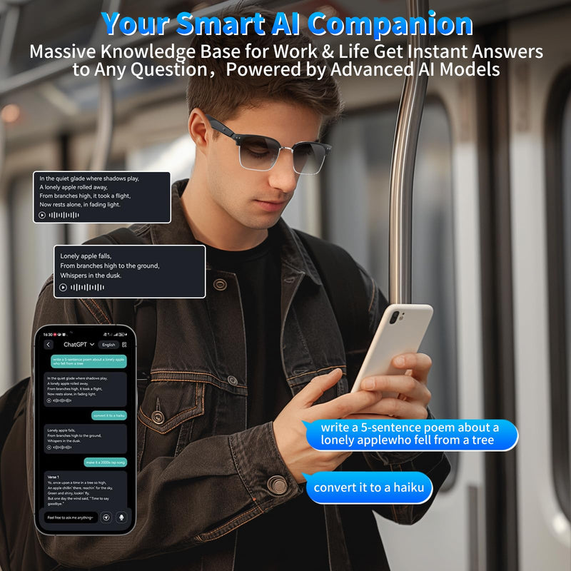 AI Translation Glasses, 164 Languages Real-Time Translator, Black Plastic Frame, Bluetooth 6.0, IP67 Waterproof, Voice Assistant for Business Travel (photochromic Lenses) photochromic lenses