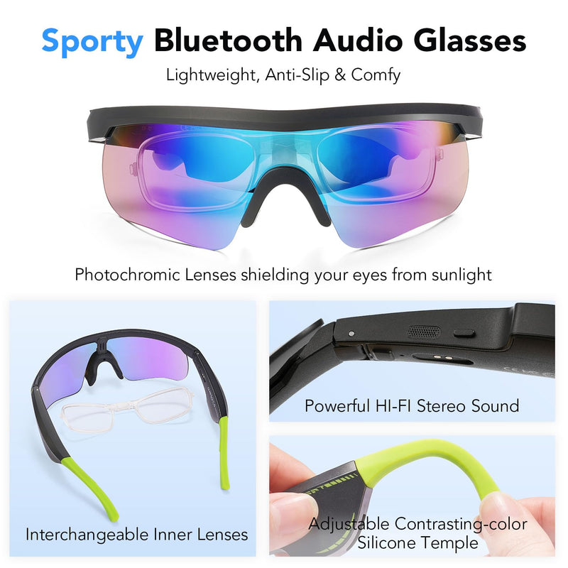 King Will Bluetooth Audio Glasses with Enhanced Microphone Silicone Sleeve, Lightweight Open Ear Safety Sport Sunglasses for Cycling, 8H Playtime, Water-Resistant & UV Protection, Black & Green
