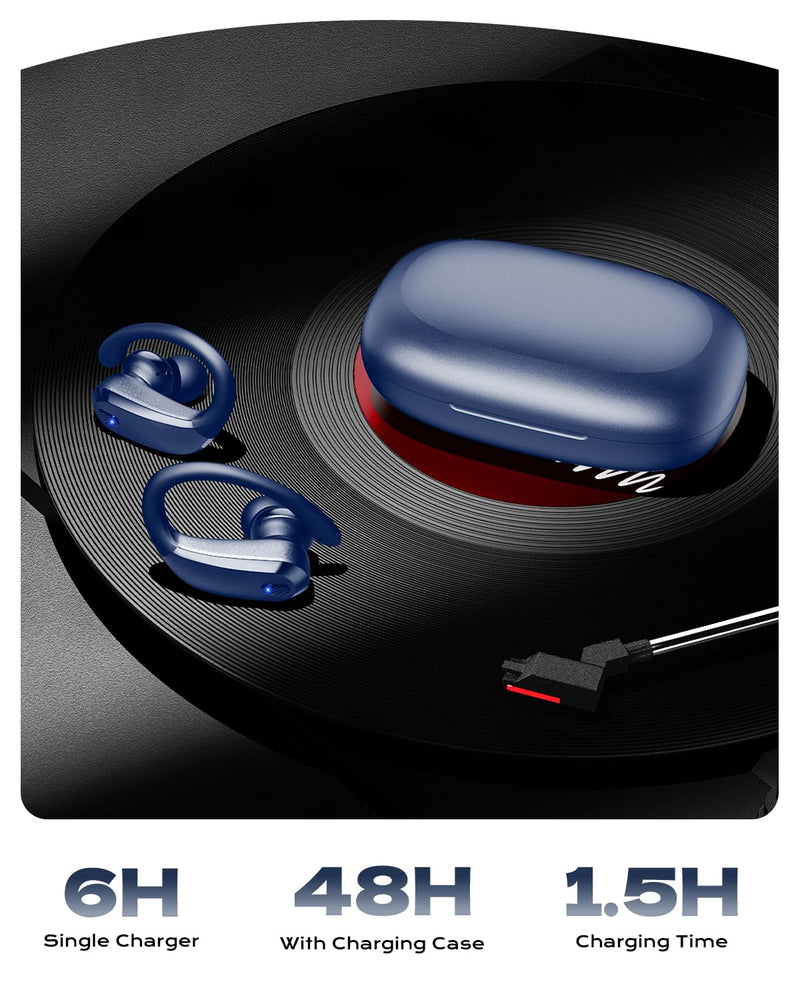 Wireless Earbuds Bluetooth 5.3 Sport Headphones with Earhooks,IPX7 Waterproof Earphones,48H Playtime Earbuds,Lightweight 7.8g,Noise Cancelling Mic Bluetooth Headphones for Running & Workout (Navy)