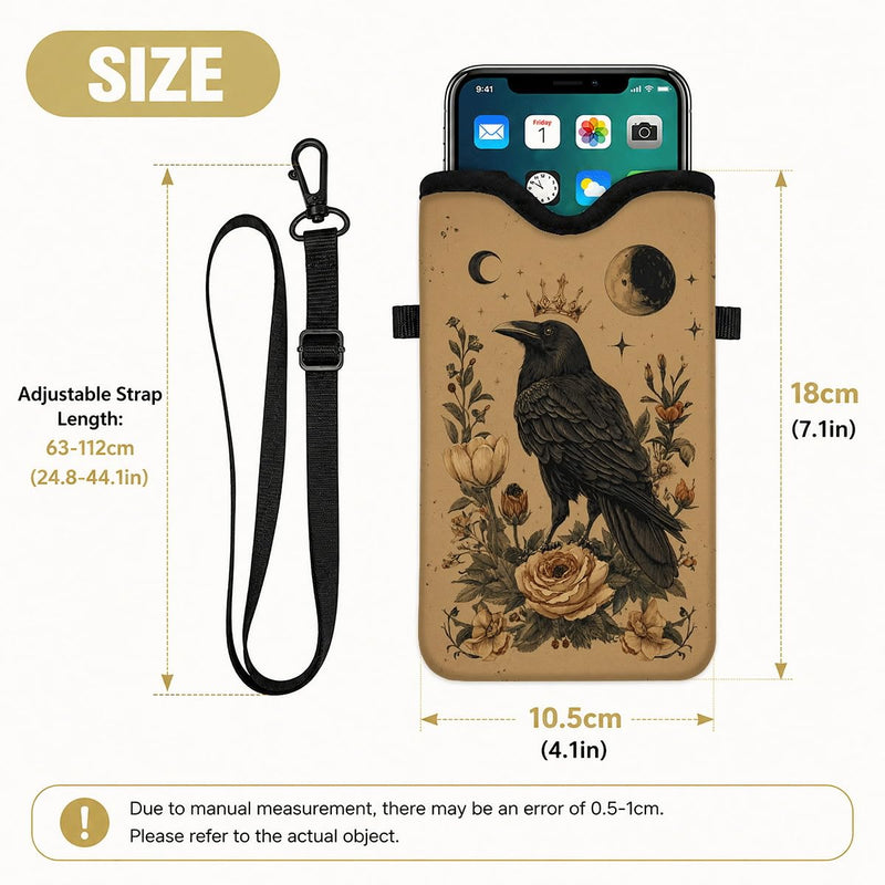 Neoprene Phone Sleeve Pouch Case Bag for Women Men with Crossbody Strap, 7.1x3.9 in, Shockproof Mobile Protection Case Bag with Neck Lanyard, Fits Most Phones, Gothic Raven Color 06