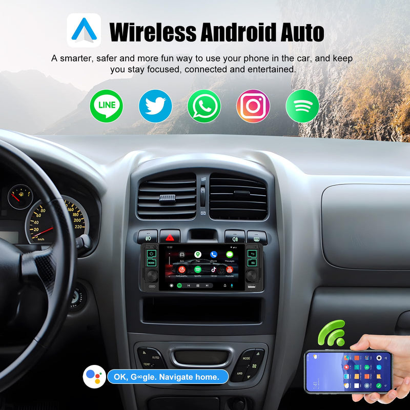 Single Din Car Stereo with Wireless Apple Carplay Android Auto, 5.1" InCell Touchscreen Car Radio with Bluetooth 5.2 Handsfree Mirror Link 1 Din Head Unit with FM/Type-C/USB/EQ/Microphone 5.1-In Incell Screen