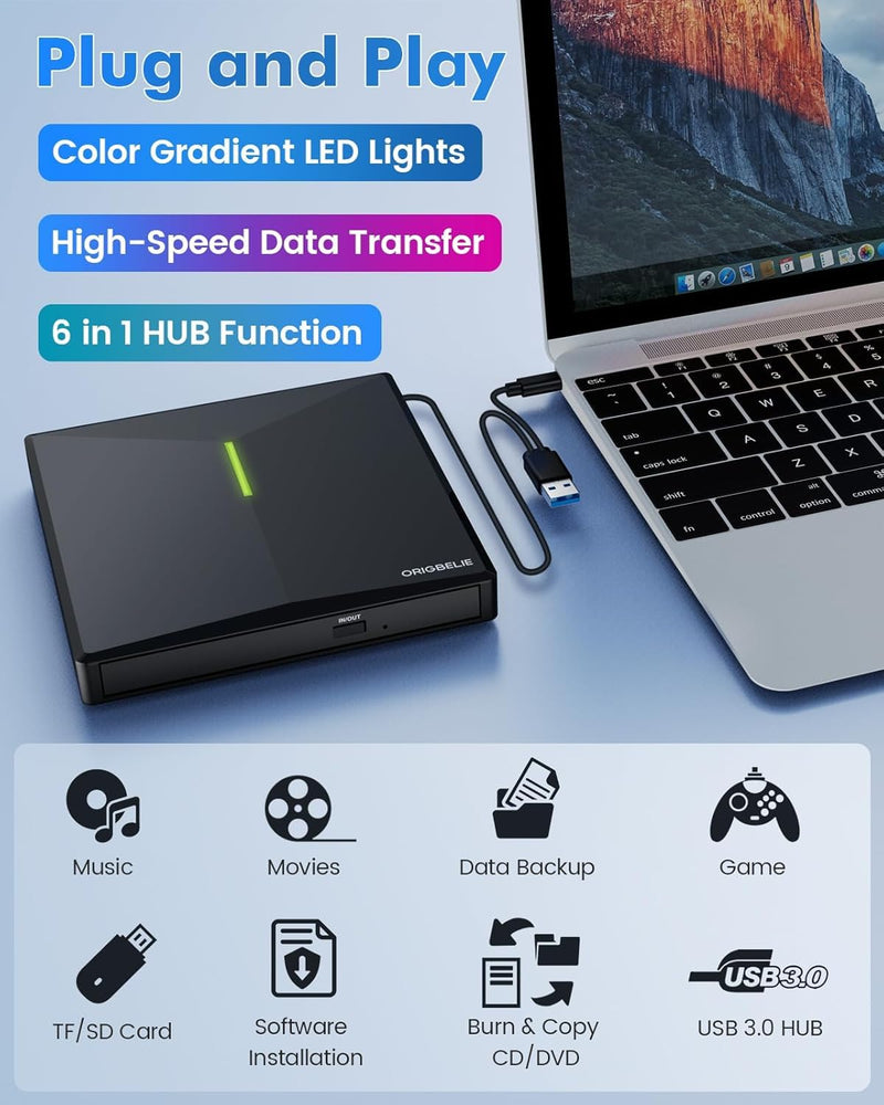 ORIGBELIE External CD/DVD Drive for Laptop, USB 3.0 DVD Player with 4 USB Ports & 2 TF/SD Card Slots, Portable CD/DVD +/-RW Drive Burner Reader Writer for Desktop PC Windows 11/10/8/7 Linux Mac OS RGB Black