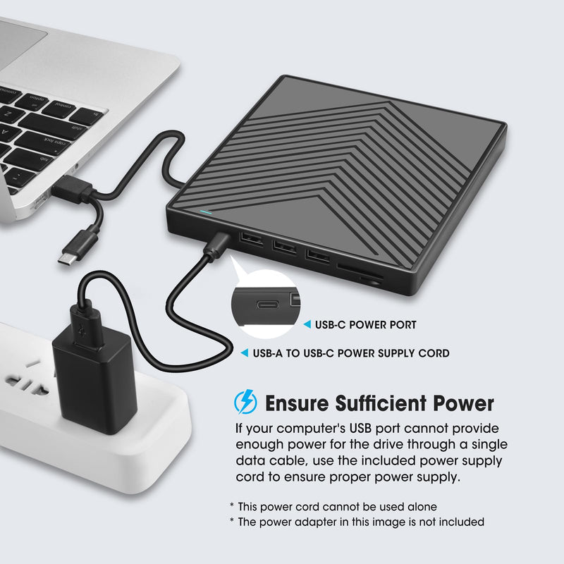 ROOFULL External CD DVD Drive with 4 USB Ports & 2 SD/TF Card Slot (8 in 1) | USB 3.0 Type-C Slim CD DVD Player Burner Reader Writer Optical Disk Drive for Laptop PC, Windows 11/10/7 Linux Mac OS, UL41-Y 8x1 Drive (Slim)