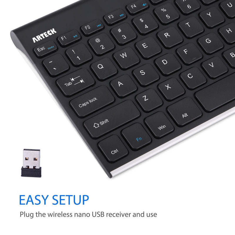 Arteck 2.4G Wireless Keyboard Stainless Steel Ultra Slim Keyboard for Computer/Desktop/PC/Laptop/Surface/Smart TV and Windows 10/8 / 7 / Vista/XP Built in Rechargeable Battery