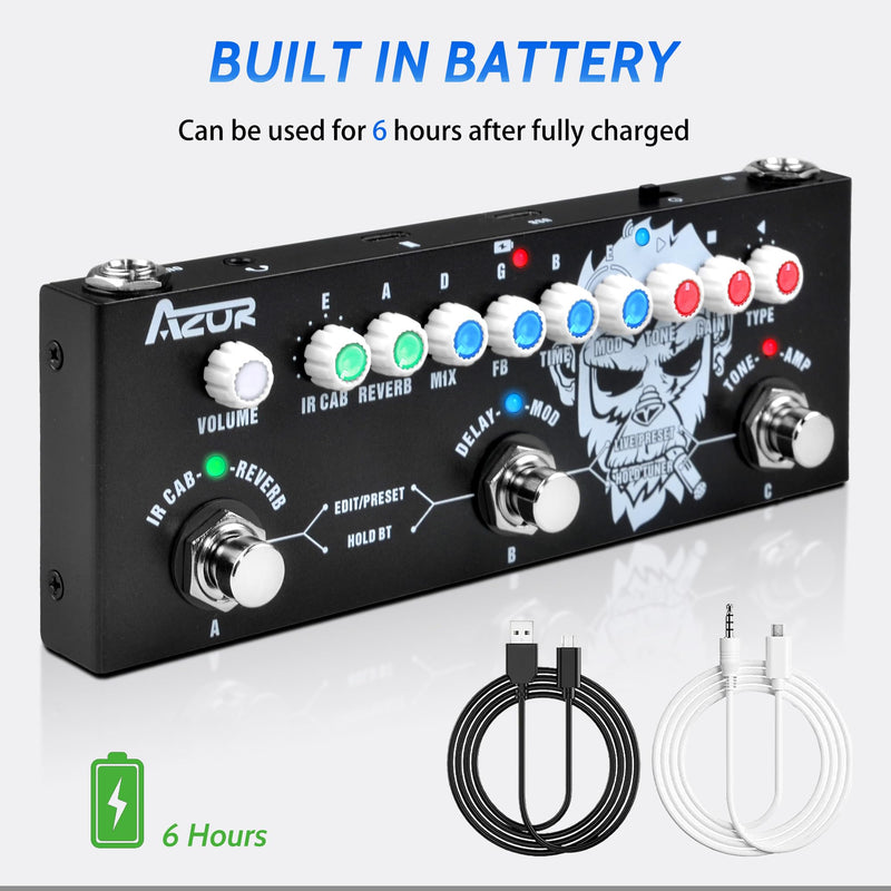 AZOR Multi Effects Guitar Pedal with 3 Preset,8 IR Cab 9 AMP Models, Reverb Delay Overdrive, Distortion and Tuner for Electric Guitar, Rechargable Multi Effect Pedal
