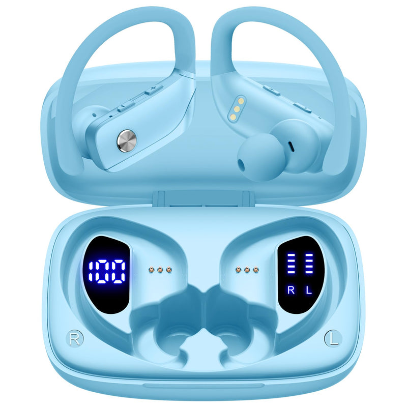 2 Sets Wireless Earbuds Bluetooth Headphones 48hrs Play Back Sport Earphones with LED Display Over-Ear Buds with Earhooks Built-in Mic Headset for Workout Black + Sky Blue