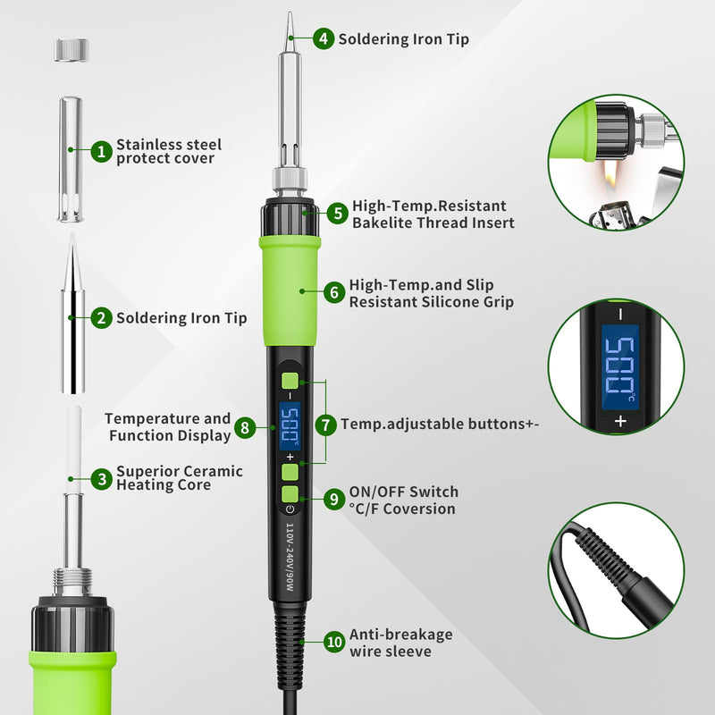 YEEHONEC Professional Soldering Iron Set, 90 W LCD Automatic Sleep Mode, Adjustable Temperature 180-500 °C with 50 g Solder, 5 Soldering Tips, Desoldering Pump, Soldering Iron Stand, Tweezers