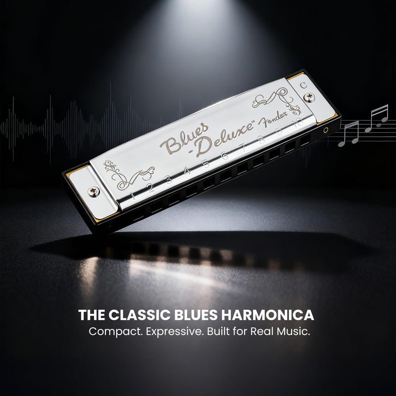 Fender Blues Deluxe Harmonica - Key of C Bundle with Carrying Case, Austin Bazaar Online Manual, and Polishing Cloth