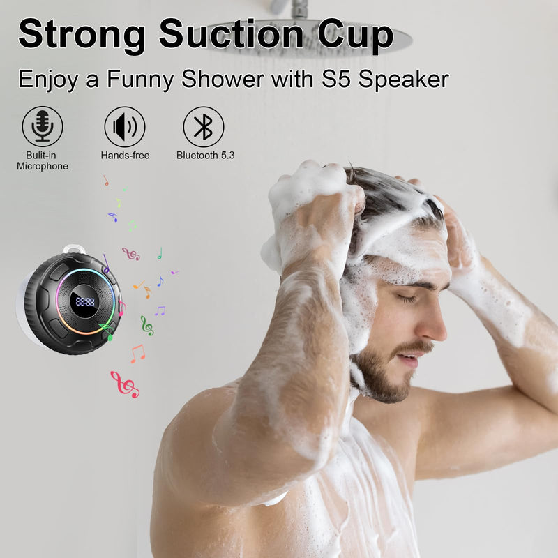 Hupoaf Bluetooth Shower Speaker, Bluetooth Speaker 5.3, 6D Sound, Portable Speaker with Suction Cup/Hook, IPX7 Waterproof, with LED Light/Time Display, for Outdoor/Party/Bathroom//Kayak/Gift Black