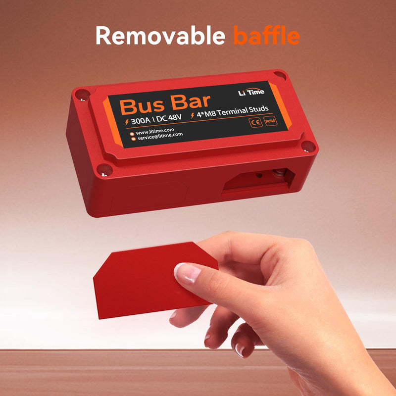 LiTime 300A Bus Bar (Red) 4*M8 Terminal Posts for LiFePO4 Batteries High Voltage and Current Suitable for Automotive, Marine, and Solar Applications and Electrical System Red 300A