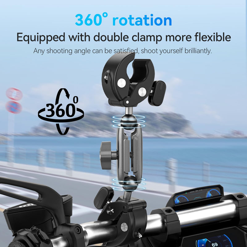 [AUSTRALIA] - TELESIN 360 Dual Ball Clamp Mount, Bike Bicycle Motorcycle Handlebar Stick Pole Mount Holder Accessories for DJI Osmo Action 6 /Osmo Nano/Osmo 360 /Osmo Action 5 Pro, Hero 13 12 11 10 9, Insta 360 X5 Metal Dual Ball 