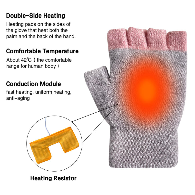 Women's & Men's USB Heated Gloves Mitten Full & Half Fingerless Winter Hands Warmer Laptop Gloves Grey Pink