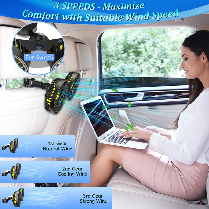 Qidoe Car Fan for Back Seat, USB Powered Portable Fans for Car 360° Rotation Cooling Fans with 3 Speeds, 5V Air Circulation Vehicle Fan Adjustable Clip for All Kind of Cars Yellow