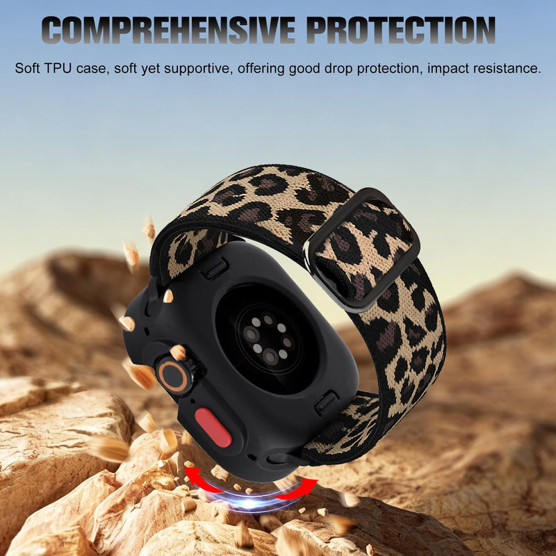 2-in-1 Stretchy Leopard Band Bumper Case for Apple Watch Series 9 SE Ultra | Elastic Cheetah Print Nylon Watch Strap Soft Protective Cover for Women Compatible with iWatch 40/41/44/45/49mm Sport Brown + Black 49mm for iWatch Ultra 3/2/1