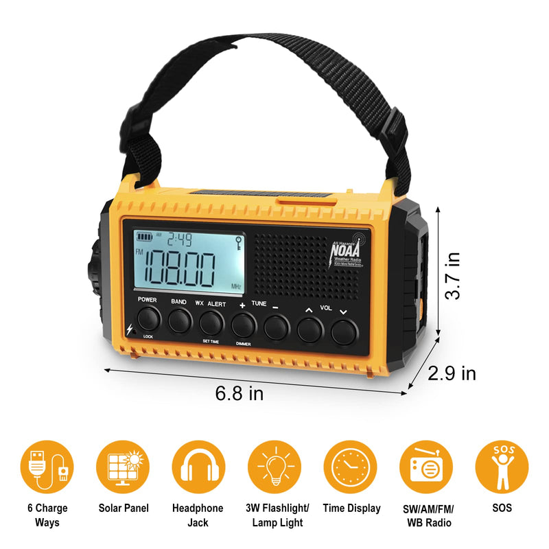 Emergency Radio Raynic 5000 Weather Radio Solar Hand Crank AM/FM/SW/NOAA Weather Alert Portable Radio with Cellphone Charger, Headphone Jack, Flashlight, Reading Lamp and SOS Alarm (Yellow) Yellow-LCD Display
