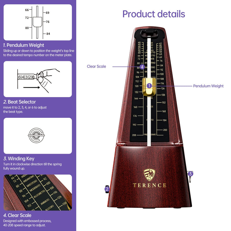 Mechanical Metronomes for Piano Guitar Violin Bass Drum and Other Musical Instruments Loud Sound and High Precision Track Beat and Tempo for Beginners (Wood Grain) wood grain
