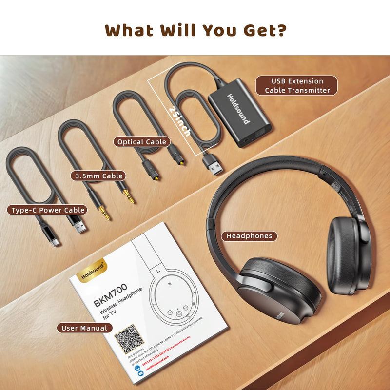 Holdsound Wireless Headphones for TV, TV Headphones Wireless for Seniors with USB Extension Cable Transmitter,Auto-Reconnect, No Lip-Sync Delay, 40H Battery, Plug & Play, Gifts for Elderly Black