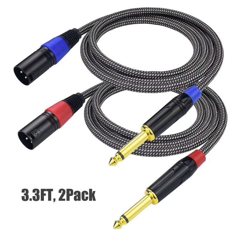 Unbalanced 1/4" TS Mono to XLR Male Microphone Cable, 3.3Feet 6.35mm Quarter inch to XLR Audio Patch Cord, Nylon Braided Heavy Duty, Copper Shielded Noise Free, for Speaker Mixer - 2Pack 3.3Feet, 2Pack