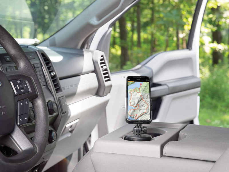 WeatherTech CupFone Two View – Adjustable, Universal Cup Holder Phone Mount Car & Truck Accessory – Best Design for iPhone & Smartphone Charging – Black Plastic Knobs