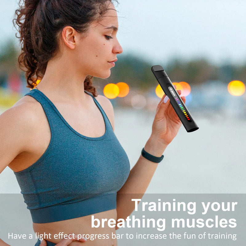 Breathing Trainer with Display | Portable, Rechargeable, Detachable Mouthpieces, Compact Handheld Design Black