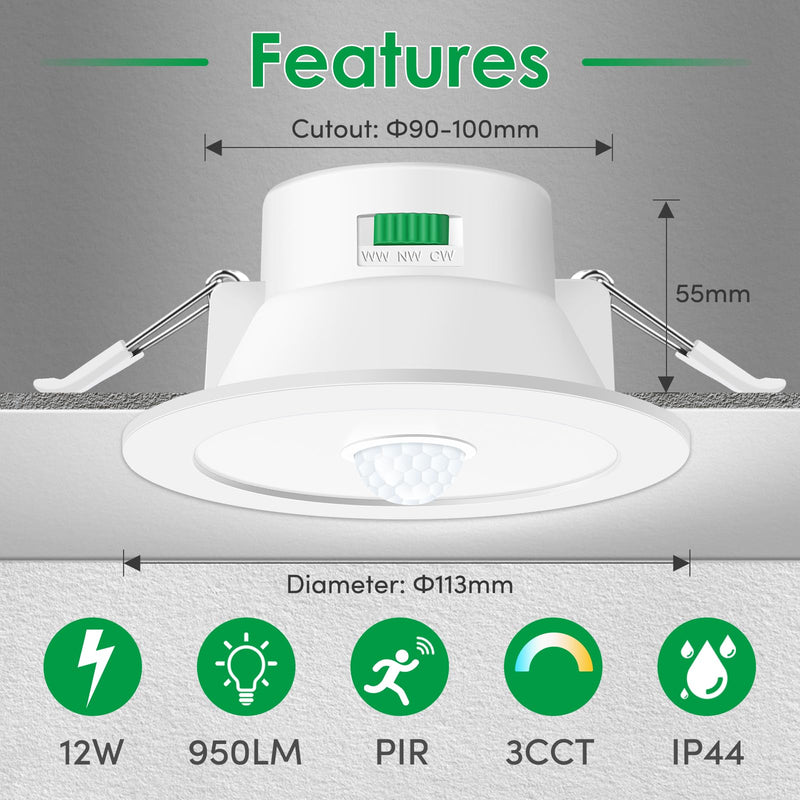 ALUSSO LED Recessed Spotlight, 230 V with PIR Motion Sensor, Flush-Mounted LED Spotlights, 12 W, IP44, Warm White, Neutral White, Cool White, Recessed Lights, Ceiling Spotlights, Pack of 2 12 W White - Diameter 113 Mm, Hole Size 90-100 Mm 2 Pack