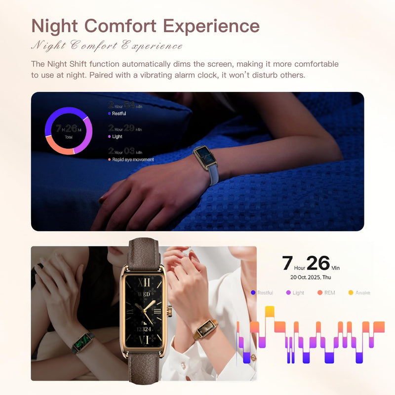 Amoled Laies Smart Watch for Women Smartwatch with Leather Strap Heart Rate Stress Sleep Monitor 12 Sports Modes Fitness Tracker Watch Notifications Music & Camera Control Waterproof iOS Android Blue & Gold