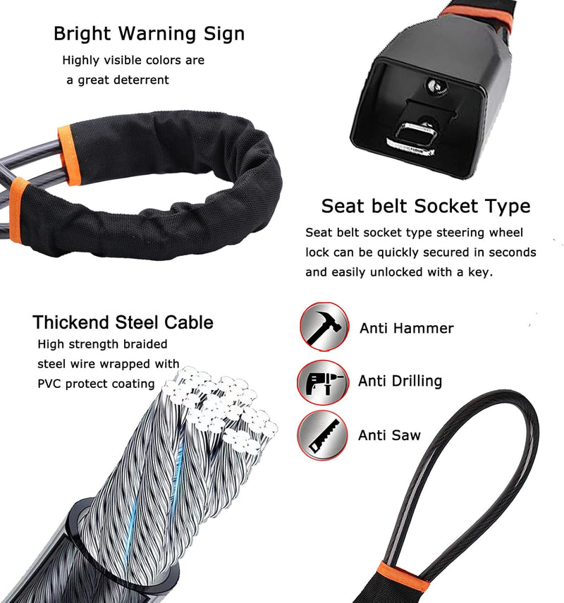 [AUSTRALIA] - Tevlaphee Steering Wheel Lock Seat Belt Universal Anti Theft Car Device Prevention with 3 Keys for Security Fit Most Vehicles Truck SUV Van(Black) Black 