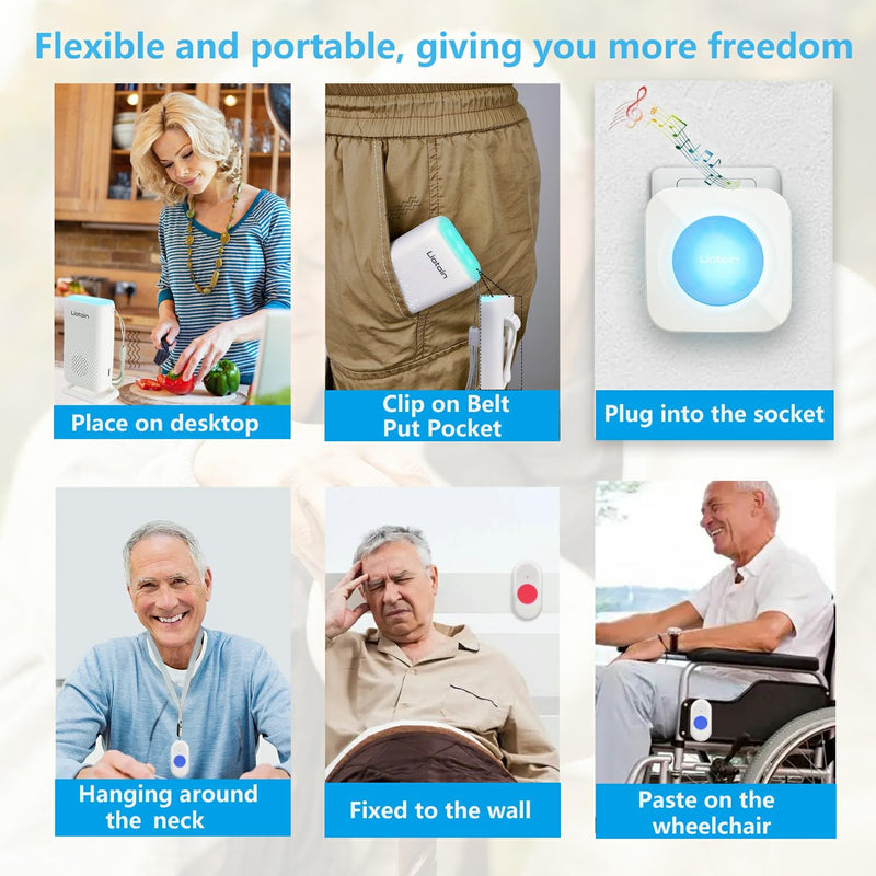 Wireless Caregiver Pager Call Button Alert Button Call Bell for Elderly Patients at Home Nurse Alert System 3 Waterproof Transmitters 1 Portable Receiver 1 plugin Receiver……… 3 Transmitters + 2 Receivers
