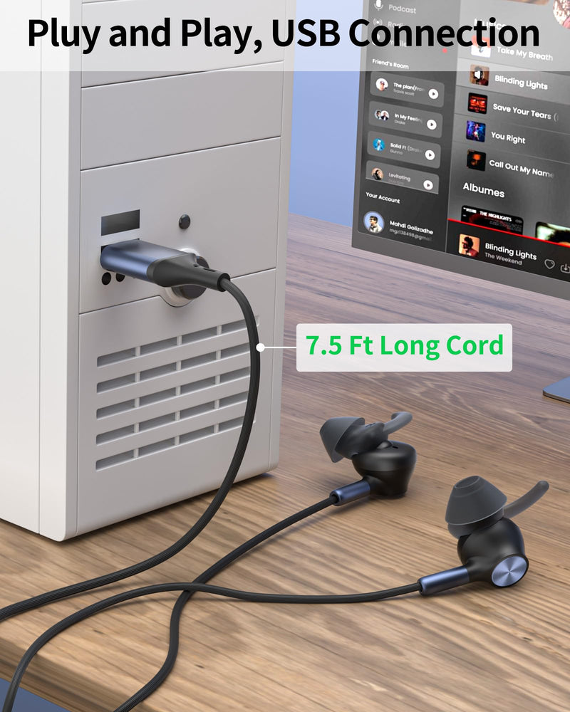 [AUSTRALIA] - USB Earbuds with Microphone for PC Laptop,Wired USB A Headphones with Mic& Earfins Hook for Computer Office Work,7.5ft Noise Canceling Stereo Computer Headset for Dell/HP/Chromebook Game School,Black Black Blue 