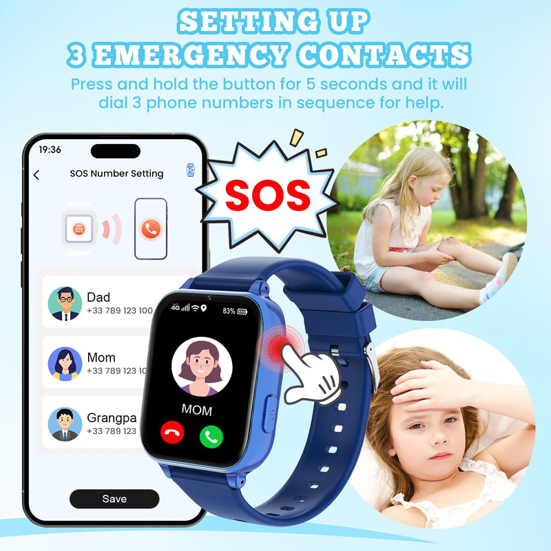 4G Kids Smart Watch for Boys Girls, Kid Watch Phone Ages 4-12 with Call, GPS, SOS, Video Call, Games, Camera, Alarm, Touchscreen Smartwatch for Children Birthday Gift (Includes SIM Card),Navy Blue Navy Blue