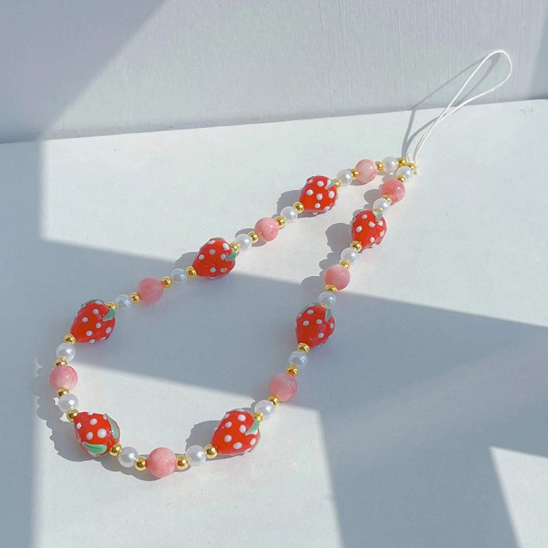 Pink Blue Red Strawberry Beaded Phone Charm Sweet Fruit Pearl Lanyard Wrist Strap Handmade Beads Anti Lost Phone Chain Keychain Gifts for Women Girls style-1