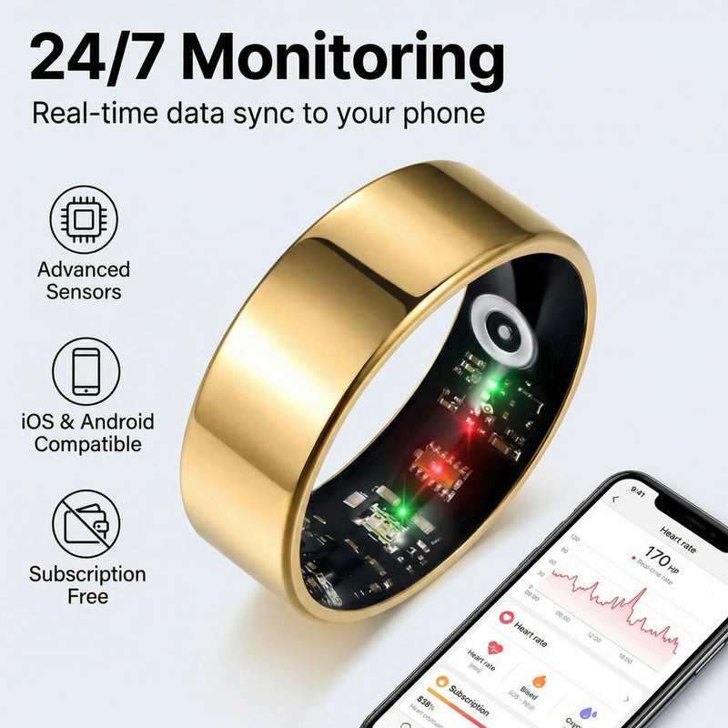 Smart Ring for Women & Men, Health & Fitness Tracker with 24/7 Heart Rate, Blood Oxygen, Sleep Monitor, IP68 Waterproof, Remote Camera Control, No Subscription Fee for iOS & Android (Gold, 11#) Gold 11#
