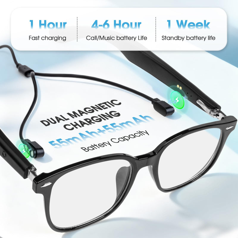Smart Glasses for Men & Women, Black Frame/Transparent Lens | Open Ear Bluetooth 5.4, Real-Time Translation with 140 Languages, UV 400 Sunglasses