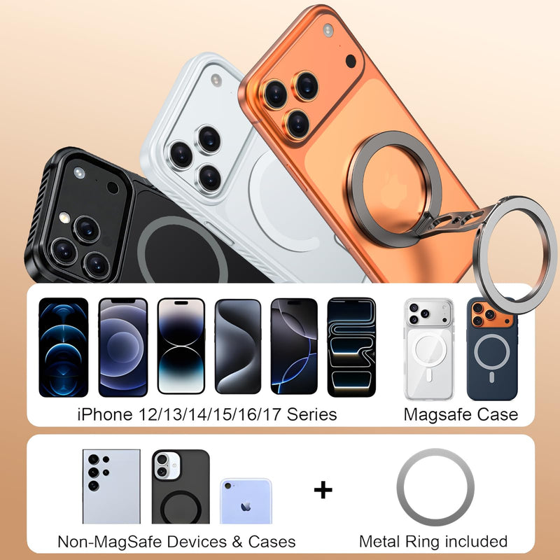 Magnetic Phone Ring Grip for MagSafe Dual-Sided Magnet Cell Phone Grip Stand Finger Ring Holder Compatible with iPhone 17/16/15/14/13 Pro Max Plus, for Mag Car Mounts grey